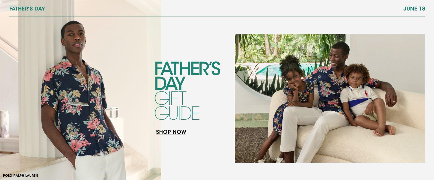2 photos, 1st photo of male model in dark blue tropical print short sleeve button down and white pants leaning against a white column. 2nd photo of same male model with young boy and girl sitting on a white couch with a pool in the background.