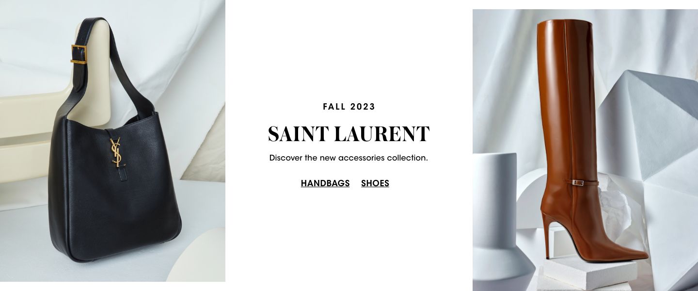 2 photos, 1st of a black Saint Laurent shoulder bag propped on a cream structure in front of a white background, 2nd of a chestnut brown Saint Laurent high heel knee high boot on top of white props.