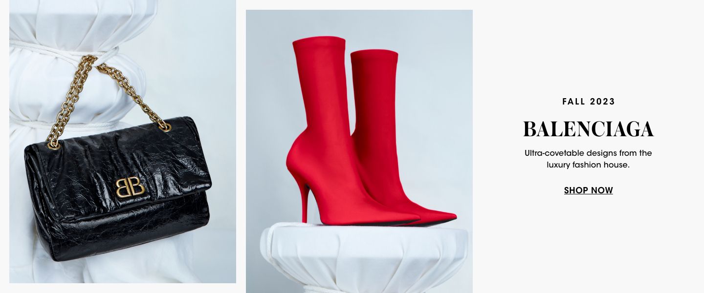2 photos, 1st of a black foldover Balenciaga bag with a short gold chain hanging from a white sheet wrapped pedestal, 2nd of a pair of bold red high heel boots on top of the same pedestal.