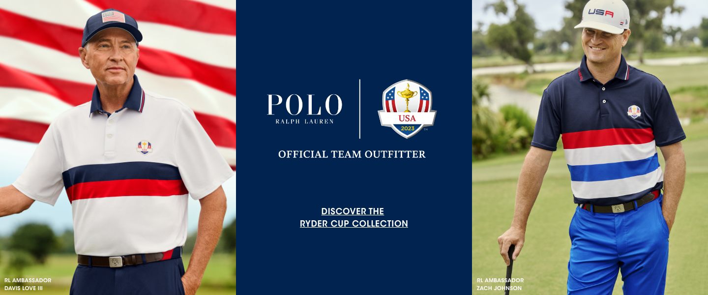 2 photos, 1st of golfer David Love the third in a white with red and blue stripe Polo Ralph Lauren polo, 2nd of golfer Zach Johnson in a dark blue with red, white and blue stripe polo standing on a golf course.