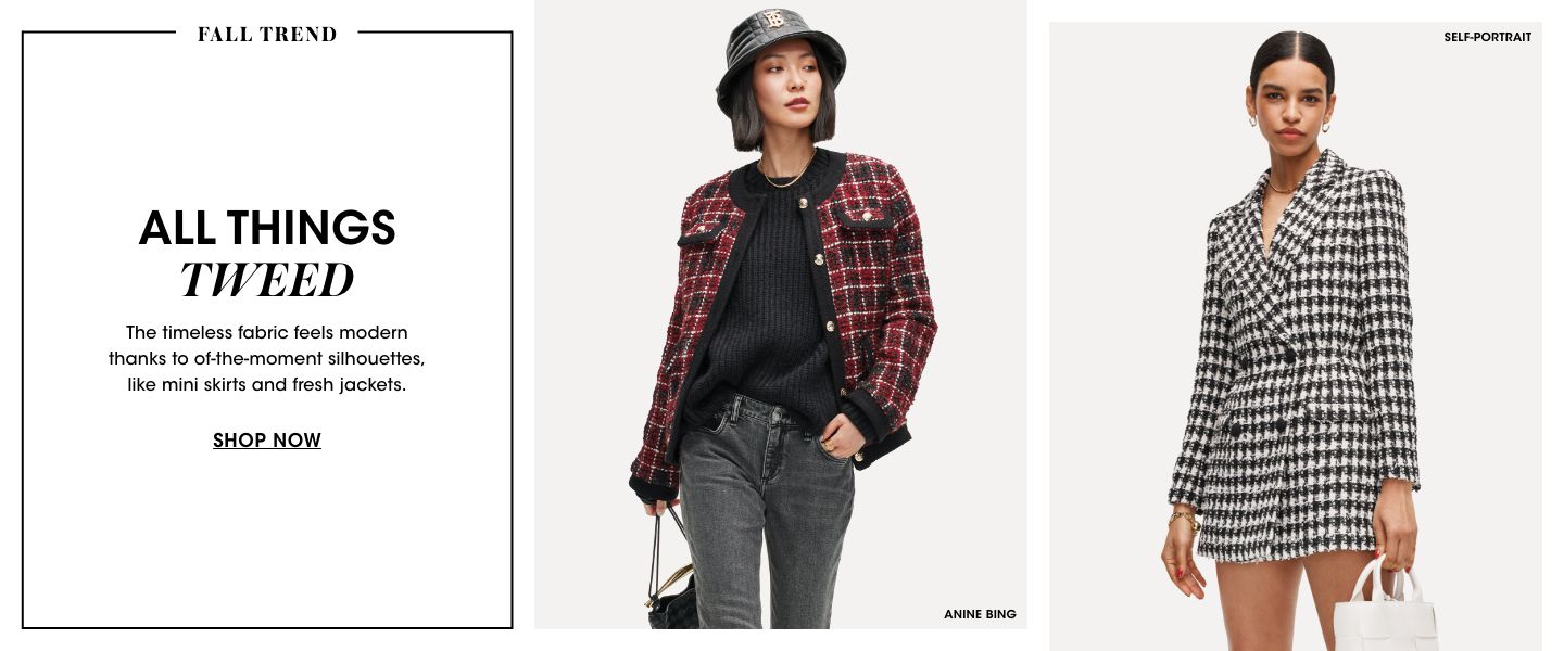 2 photos, 1st of a female model in red and black plaid tweed jacket over a black top and jeans, 2nd of a female model in a black and white houndstooth skirt suit.