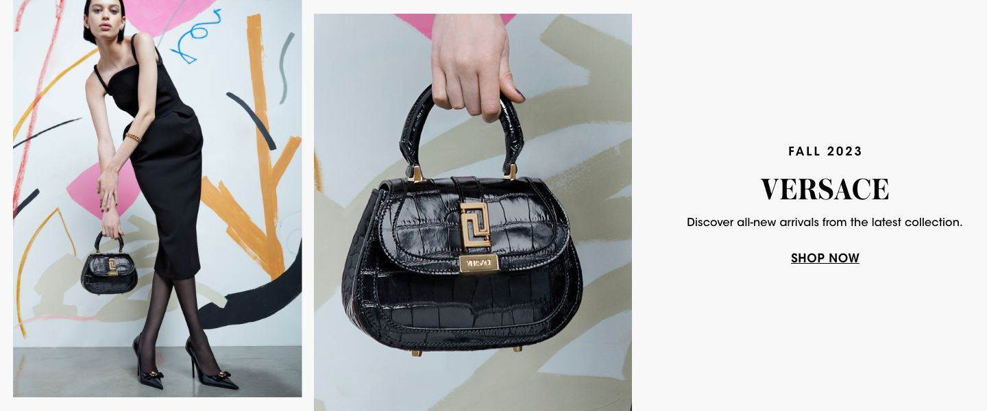 2 photos, 1st of female model in black sleeveless midi dress, holding a small black Versace top handle bag, 2nd photo of a closeup of the models hand holding the same bag.
