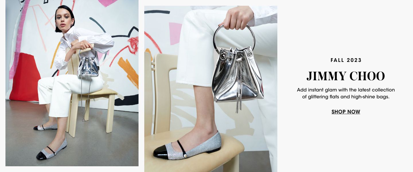 2 photos, 1st of female model straddling a chair wearing a white shirt and pants and Jimmy Choo gray and black flats, holding a small silver drawstring bag. 2nd photo of a closeup of models shoe and bag.