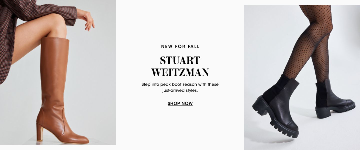 2 photos, 1st of a closeup of a female models leg in a squat position wearing tan Stuart Weitzman knee high heel boots, 2nd of a female models legs in fishnet stockings and black chunky platform boots.