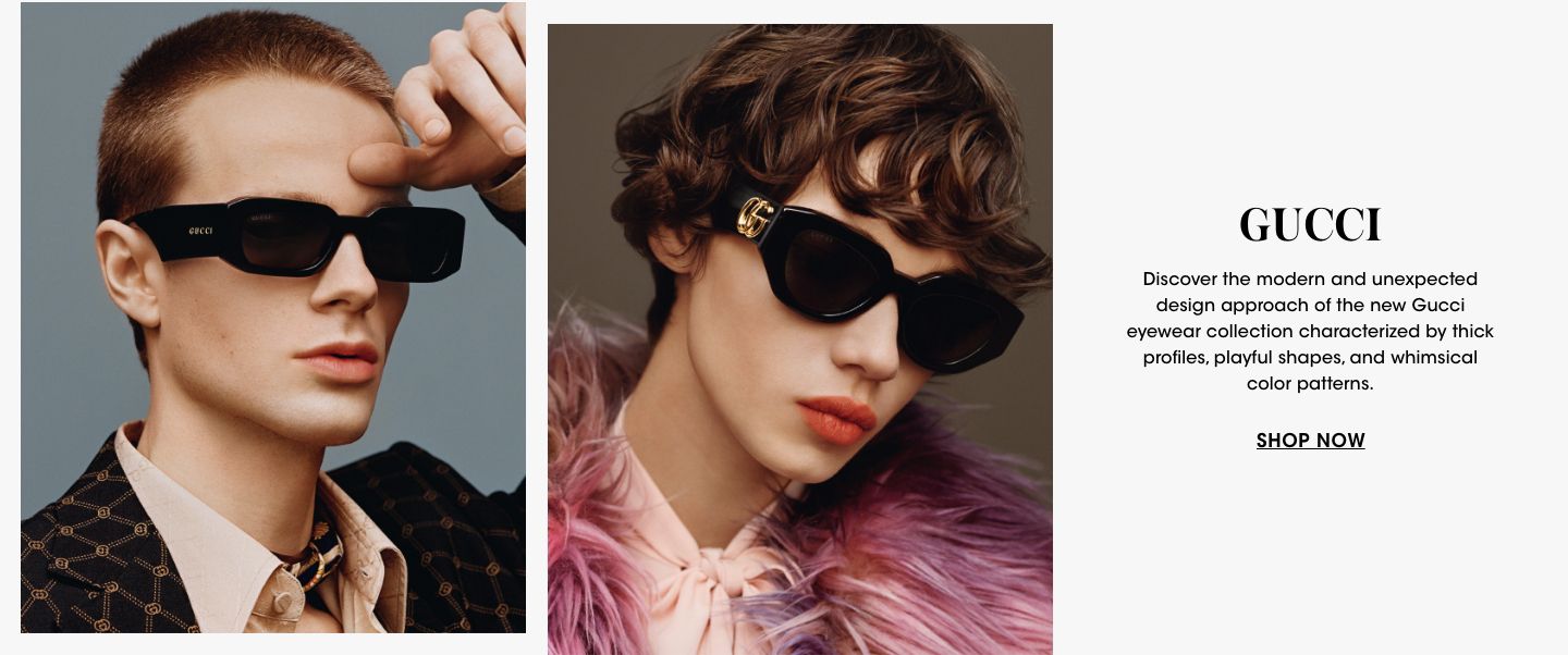 2 photos, both closeups of a model in two different Gucci sunglasses, the first a rectangular pair with wide arms, the other a cat eye shape with gold Gucci logo on the arm.