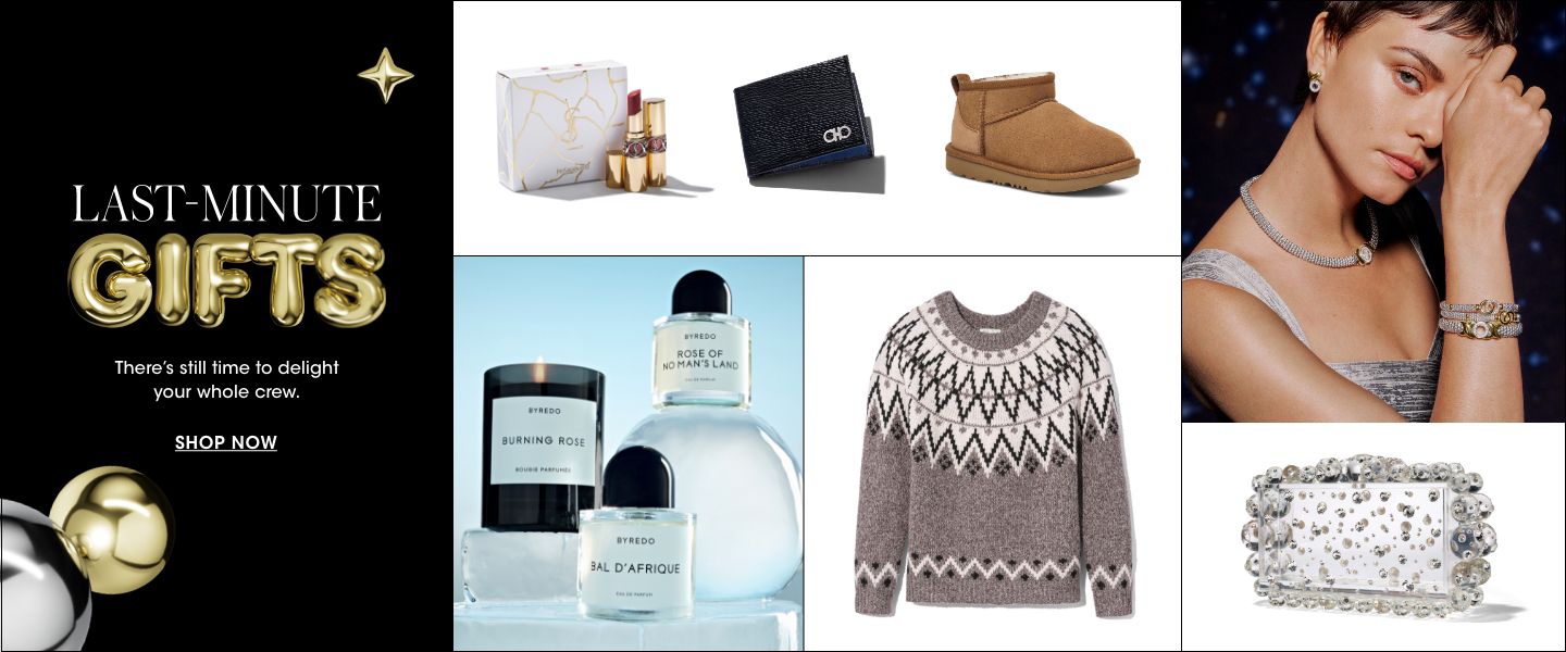 5 photos, 1st of a lipstick set, black wallet, and brown Ugg shoe still lifes, 2nd of Byredo perfumes and candle, 3rd of gray Fair Isle sweater, 4th of female model wearing Lagos caviar jewelry, 5th of Cult Gaia clear bubble clutch.
