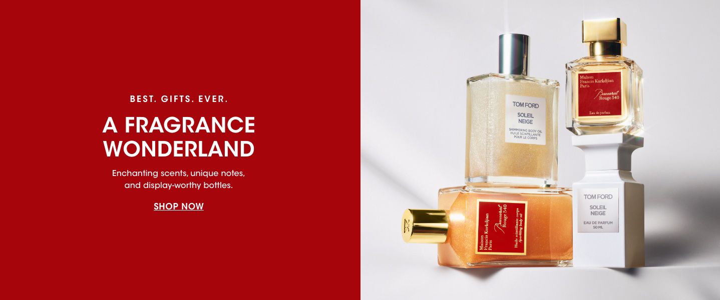  1 photo, of 4 bottles stacked two by two, a Tom Ford body oil and eau de parfum and a Maison Francis Kurkdjian body oil and eau de parfum, on a stark white counter and background.