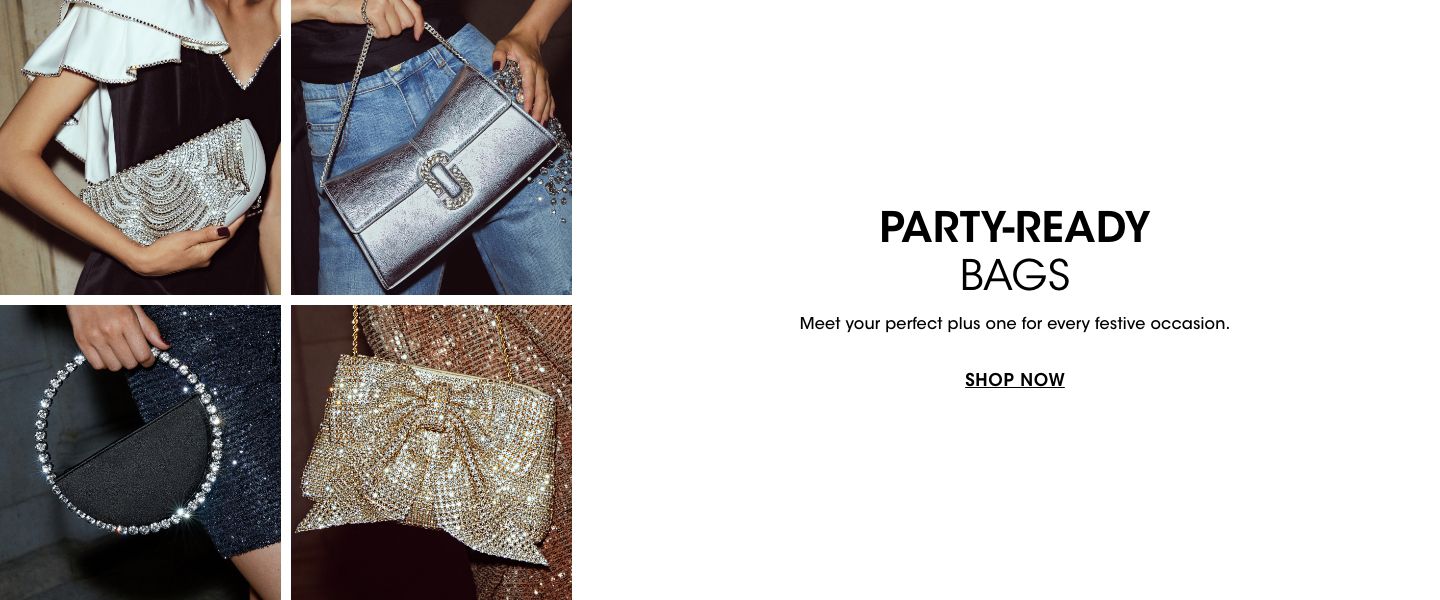  4 photos, 1st of a sparkling silver Cult Gaia clutch, 2nd of a Marc Jacobs metallic silver clutch, 3rd of a L Alingi black eternity clutch with crystal handle, 4th of a sparkling gold Loeffler Randall bow clutch.