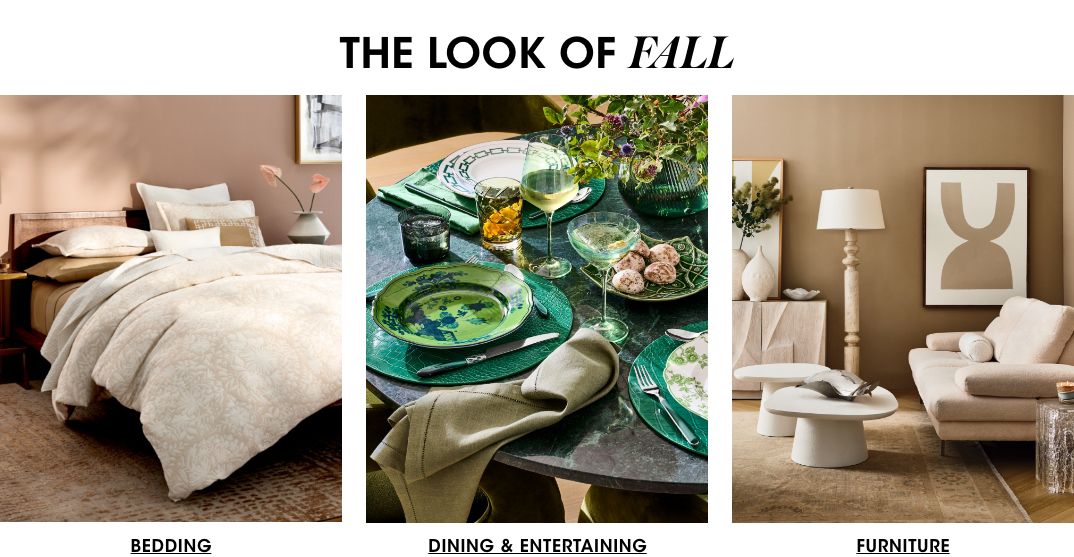 3 photos in separate tiles, 1st of a bed with gold and beige printed linens, 2nd of a tabletop with green hued dinnerware, 3rd of natural cream living room set of a sofa, sideboard, side table and coffee tables in a brownish room.$$home trends