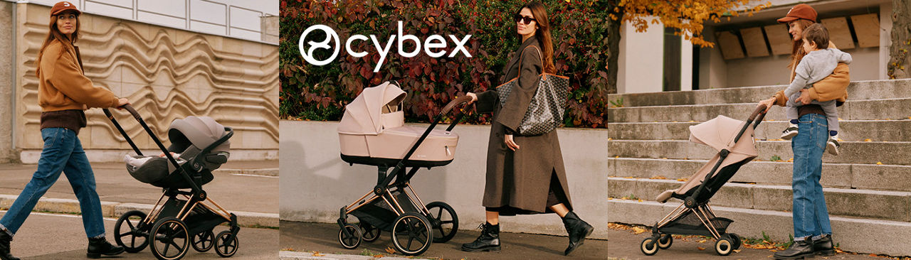 3 photos, 1st with female model pushing Cybex PRIAM 4 Stroller with rose gold frame through parking lot, 2nd of female model pushing Cybex PRIAM 4 Stroller with rose gold frame on sidewalk, 3rd of female model pushing Cybex COYA Compact Lightweight Travel Ready Stroller with rose gold frame in park.