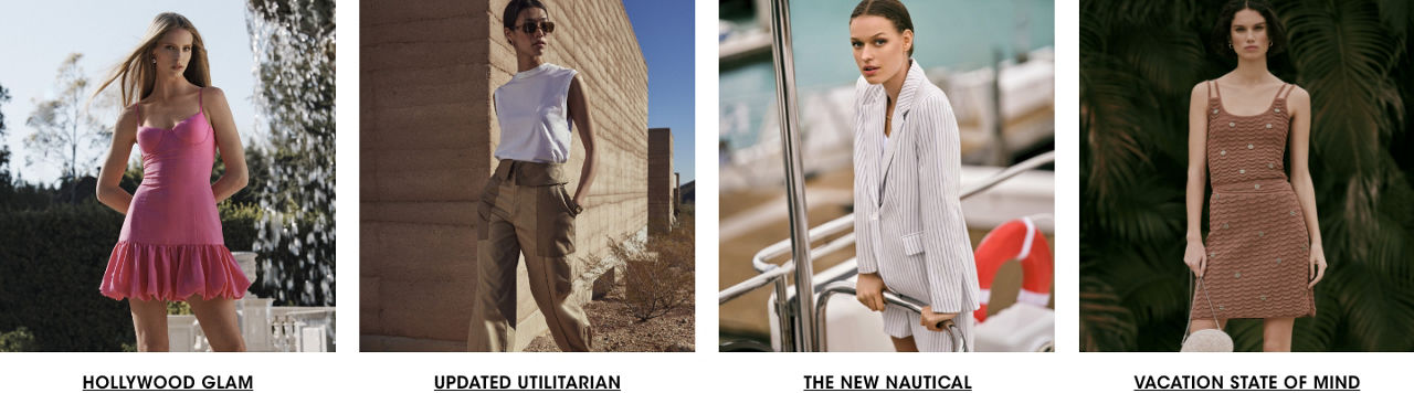 4 photos, 1st of female model in short pink dress, 2nd of female model in sleeveless white shirt and wide leg khaki pants, 3rd of female model in pin stripe blazer and matching shorts, 4th of female model in short brown dress.