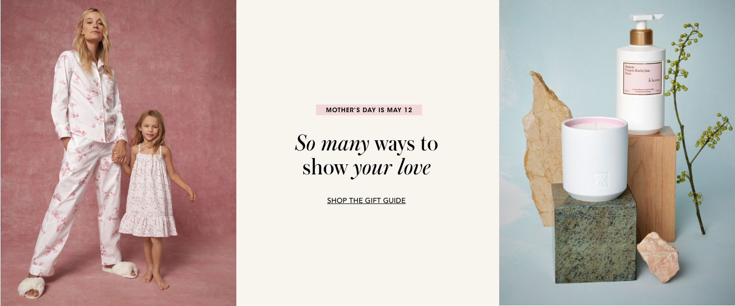 2 photos, 1st of female model sitting on ground, a little girl behind her, her arms around models neck, both in matching floral blue and white Aqua summer dresses, 2nd of 2 La Double J floral vases.