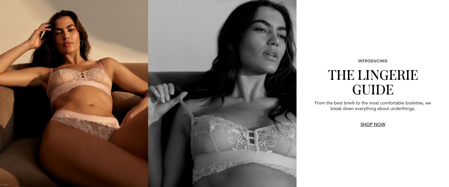 2 photos, 1st of female model sitting slouched back on a couch wearing a lacy embroidered peachy bra and panty set, 2nd of a closer shot of same model and outfit in black and white.