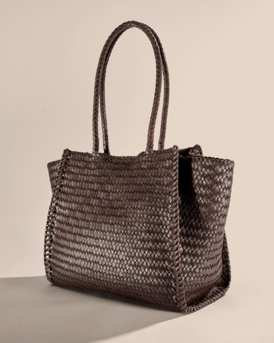A dark brown woven tote.