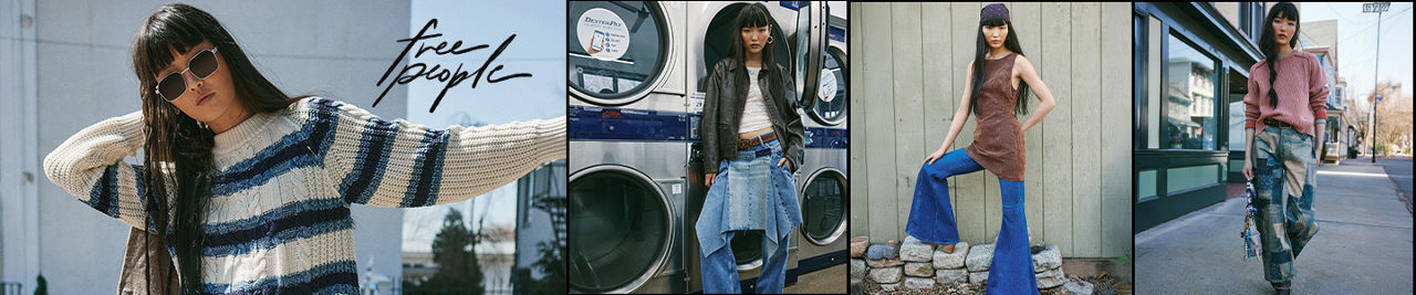 Free People. A woman in various Free People outfits.