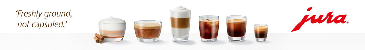 1 photo, of 6 clear glasses of differing heights lined up in a row, each with a different type of coffee drink, from a foamy cappuccino to an iced coffee to a dark coffee with cream on top.
