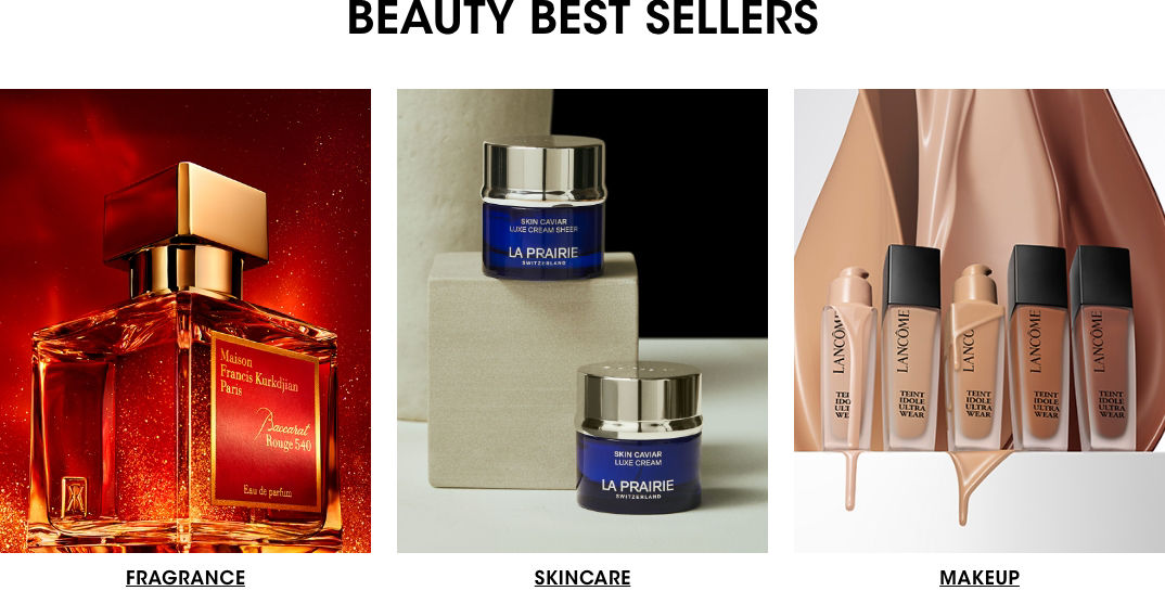 3 photos, 1st of a Maison Francis Kurkdjian Baccarat Rouge 540 perfume bottle, 2nd of 2 La Prairie skincare bottles, 3rd of a row of 5 bottles of Lancome foundation, ribbons of liquid foundation pouring behind them.