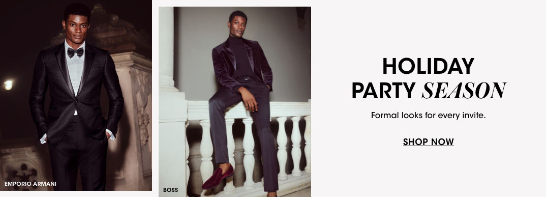 2 photos, 1st of male model in black tuxedo and white shirt, hands in his pockets, 2nd of male model in deep purple velvet blazer, dark turtleneck and pants, half sitting on a white banister.