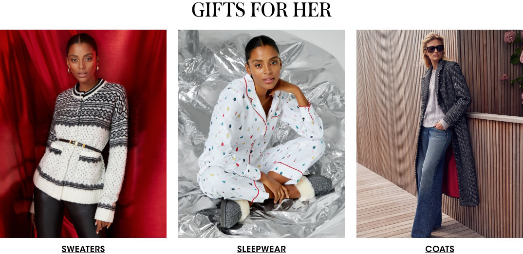 3 photos, 1st of female model in white and black Fair Isle belted sweater, 2nd of female model cross legged in white pajama set in multicolor Christmas tree print, 3rd of female model in long gray coat, white sweater and jeans.
