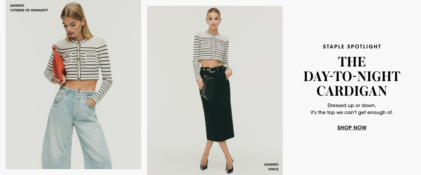2 photos, both with same female model in a Sandro black and white striped long sleeve, cropped cardigan, first photo with her in light blue jeans, 2nd with her in a long black maxi skirt.