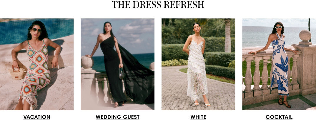 4 photos, each with a single female model, 1st in a multicolor crochet fringed dress, 2nd with a one shoulder black maxi cape dress with cape, 3rd in lacy white strappy dress, 4th in blue floral halter dress.