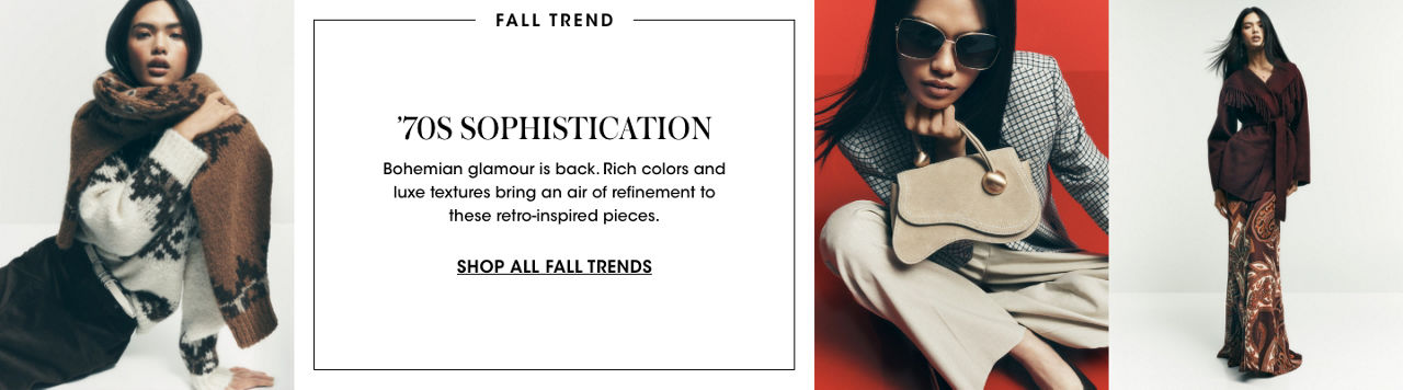 3 photos, each with same female model, 1st in a white Fair Isle sweater, a brown Fair Isle sweater wrapped over her shoulders, 2nd sitting cross legged holding a small beige bag, 3rd in a brown wraparound coat and long paisley skirt.