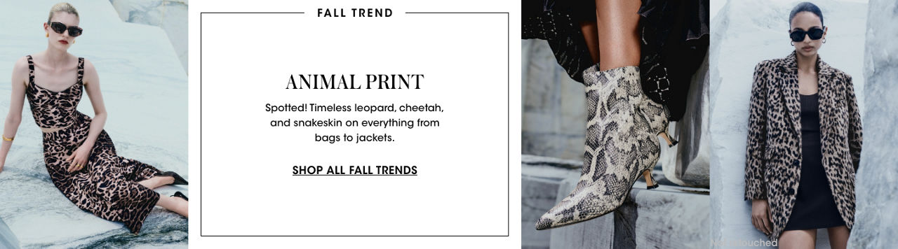 3 photos, 1st of sitting female model in leopard print halter top and maxi skirt, 2nd of models feet in snake print booties, 3rd of standing female model in leopard print coat, black minidress and sunglasses.