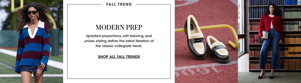 3 photos, 1st of female model on a football field in blue and maroon colorblock polo, 2nd of a pair of shearling loafers, 3rd of female model in a library in a short red jacket, white tee, and blue jeans.