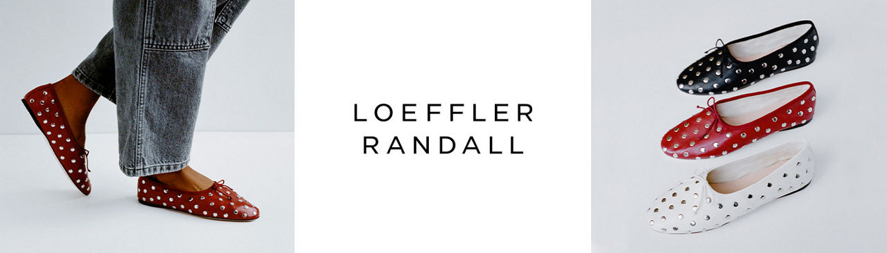 2 photos, 1st of models legs in gray denim wearing red studded Loeffler Randall ballet flats, 2nd of 3 studded ballet flats in navy, red, and white lined up.