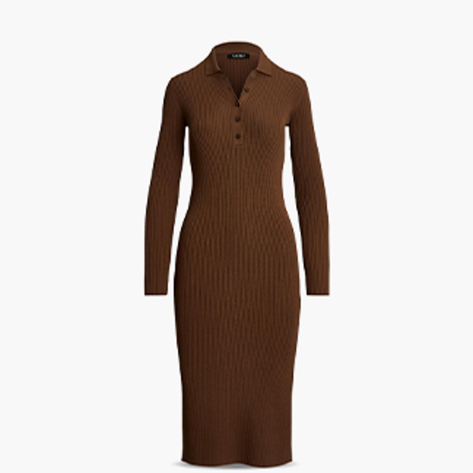 1 photo of knitted brown dress, over the knee length with long sleeves.