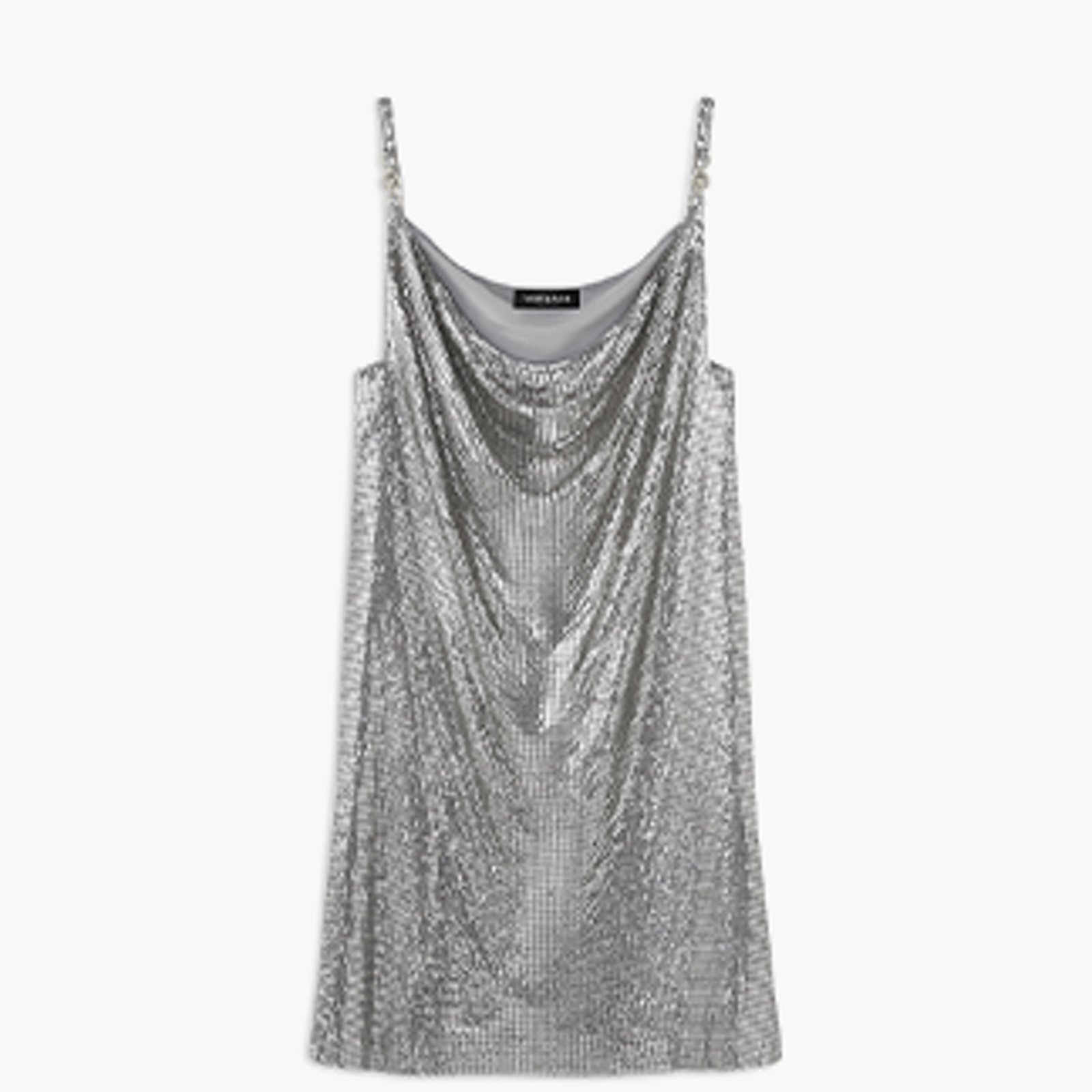 1 photo of silver sequin mini dress with straps.