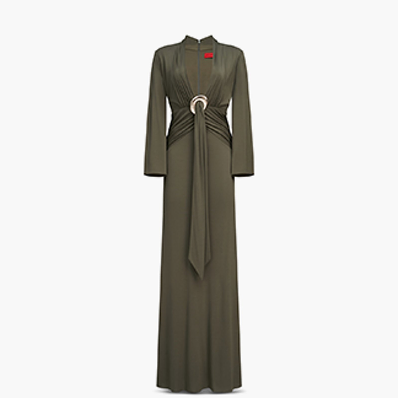 1 photo of olive green silk formal dress.