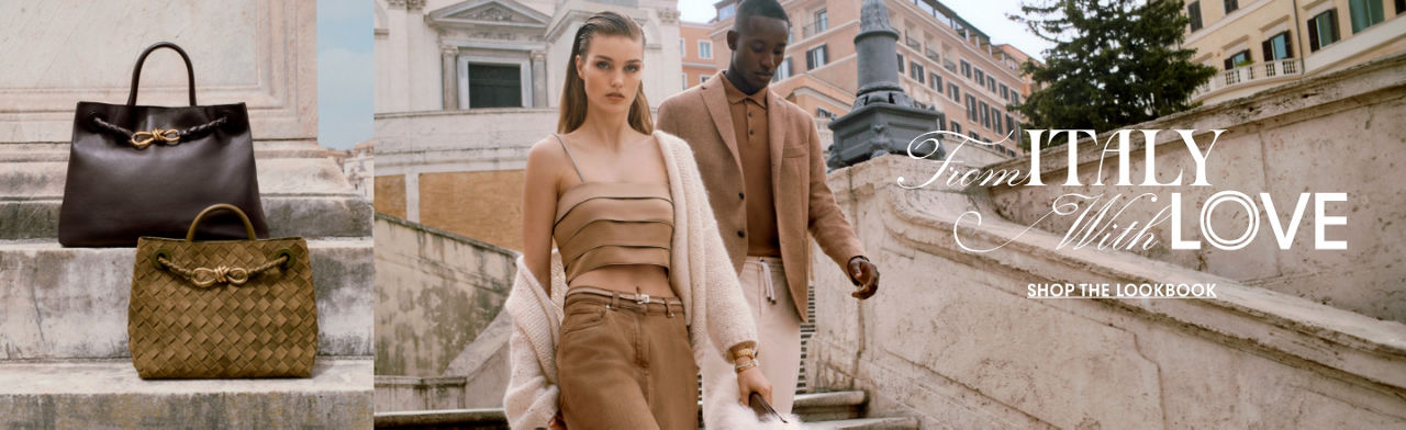 2 photos, 1st of a dark brown and olive green woven totes on marble steps, 2nd of female model in a brown midriff halter top, brown pants, and white sweater, and male model in tan sport coat, polo and cream pants, walking down marble stairs.