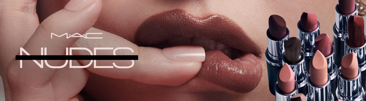 Mac Nudes. Open tubes of Mac lipsticks in nude shades.