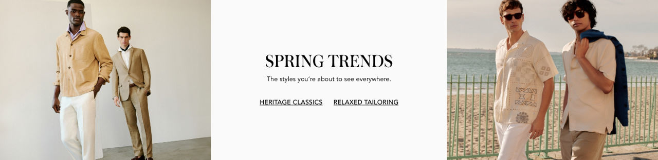 2 photos, 1st with 2 male models, 1 in a beige shirt jacket over purple polo and white pants, the other in a tan suit, 2nd of 2 male models on a beach, each in a cream short sleeve button down and sunglasses.