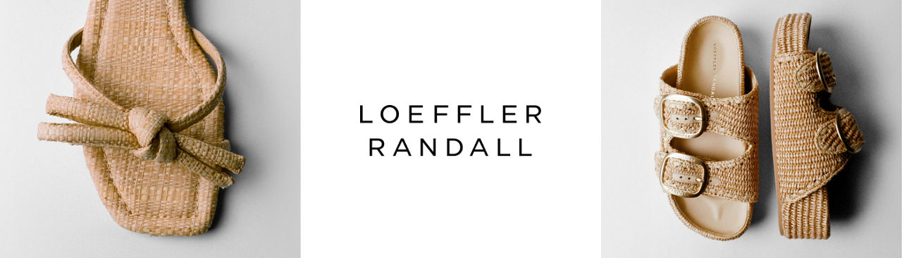 2 photos, 1st a closeup of the toe of a brown woven Loeffler Randall sandal, 2nd of a pair of woven platform Loeffler Randall slip in sandals.