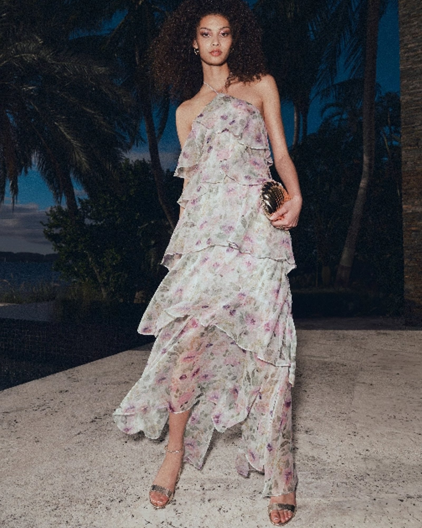 1 photo of female model in sleeveless gown with floral pattern.