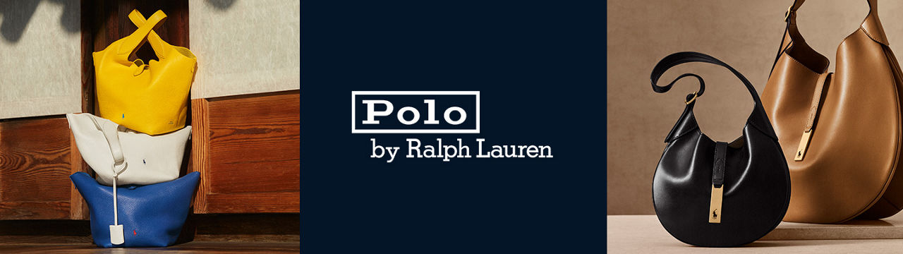 2 thumbnail photos of Polo by Ralph Lauren handbags, 1st of 3 Polo Play leather totes in yellow, white, and blue, 2nd of 2 Polo ID should bags in black and tan.