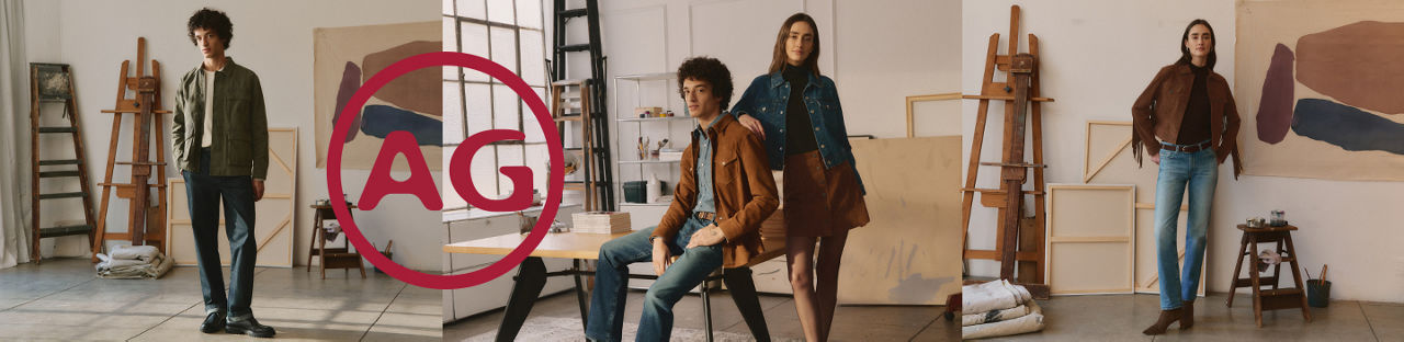 A. G. A man and woman in various A. G. outfits, including jeans and denim tops.
