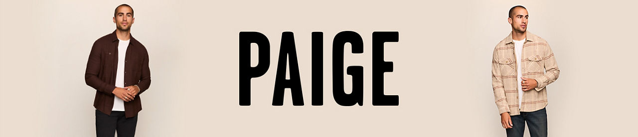 Paige. A man in a Paige dark brown button up, white tee & black jeans. Same man in a cream & brown striped shirt, white tee & blue jeans.