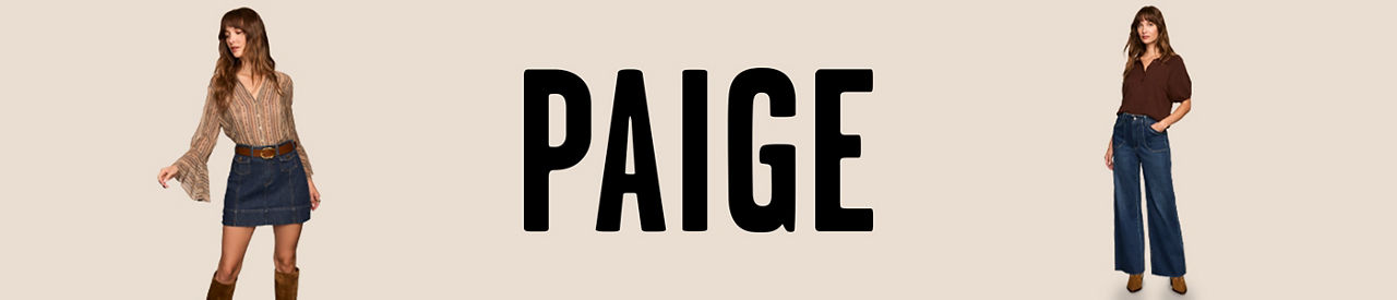 Paige. Woman in a Paige brownish boho style top and denim mini skirt. Same woman in a dark brown short sleeve top and dark blue jeans.