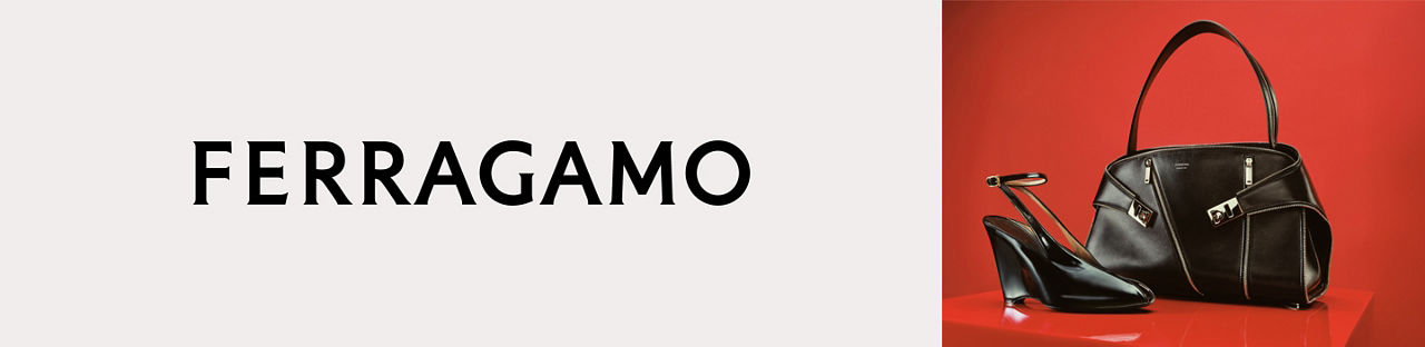Ferragamo. A black Ferragamo high heel pump and black top handle bag on a bright red background.