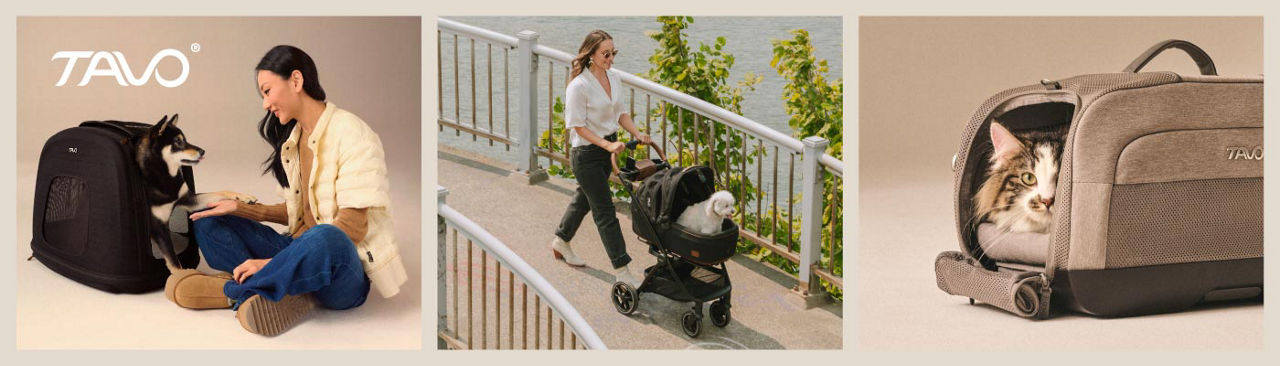 3 photos, 1st of woman sitting cross legged next to a black Tavo pet carrier, a small dog sitting in it, 2nd of woman pushing a dog stroller with a small white dog, 3rd of a cat peeking out from a gray pet carrier.