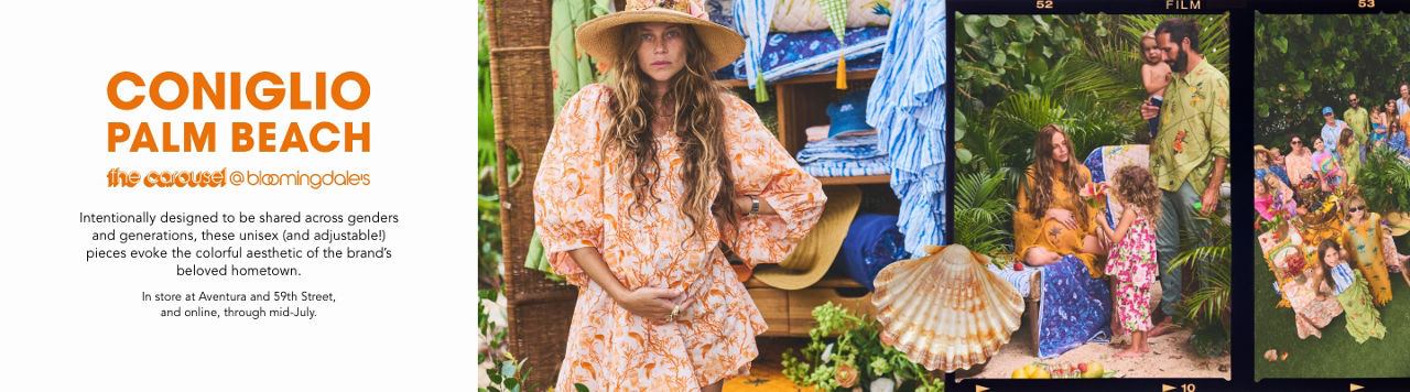 2 photos, 1st of a pregnant woman in a Coniglio Palm Beach white with an orange tropical print mini dress and sun hat, 2nd of same woman in an orange tunic style dress surrounded by her husband and 2 children.