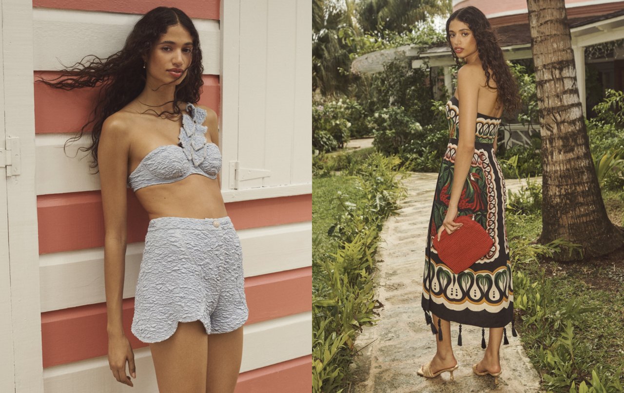2 photos, 1st of female model in gray textured bikini top and swim shorts leaning against a wall, 2nd of female model looking back over her shoulder in a long, strapless print dress.