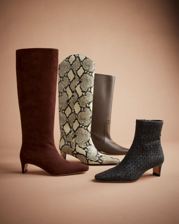 4 leather boots in various colors.