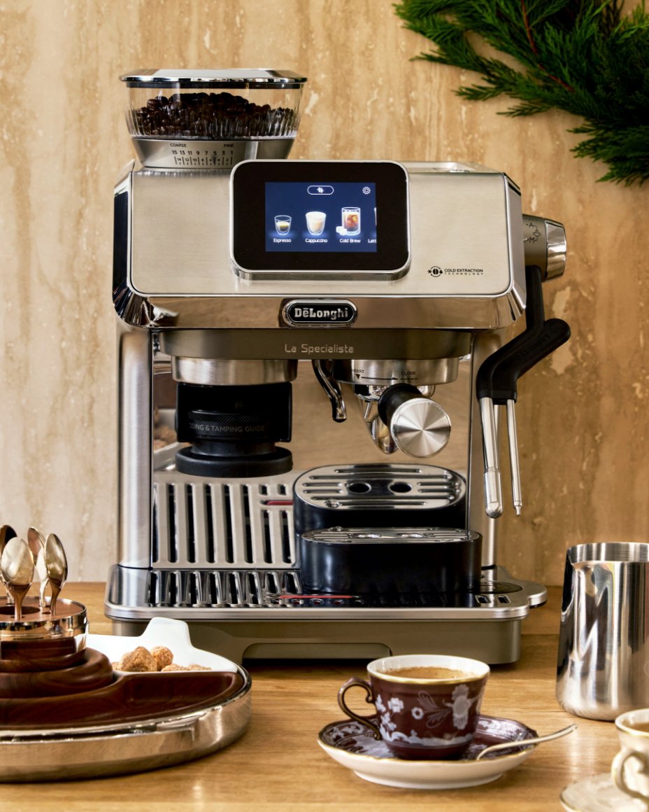 A De Longhi stainless steel coffee maker.