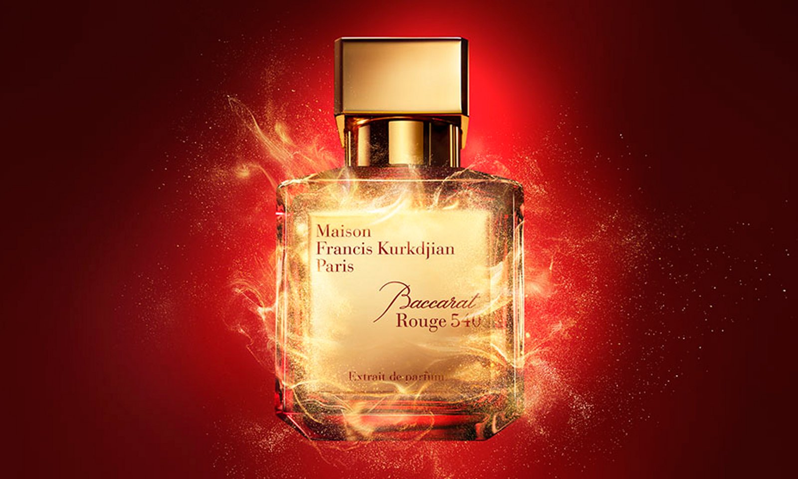 A golden bottle of Maison Francis Kurkdjian Baccarat Rouge 540 fragrance.
