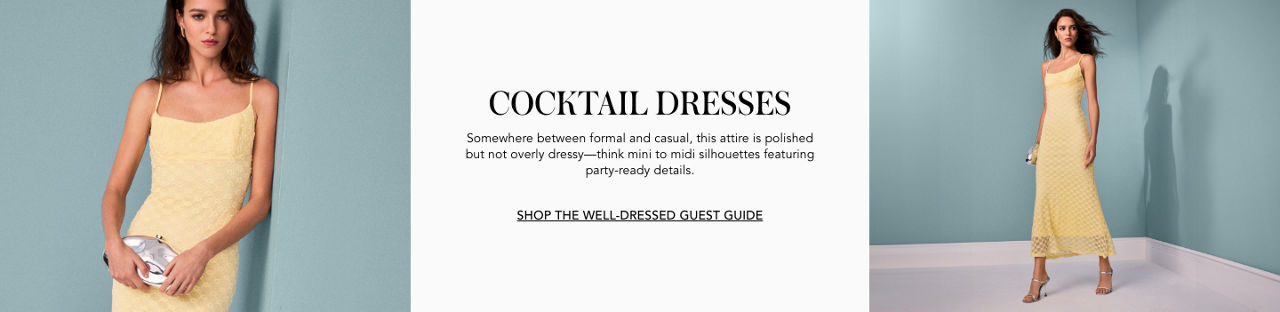 2 photos, 1st a closeup of a female model in a butter yellow dress with an overlay and spaghetti straps, holding a metallic silver clutch, 2nd of same model from a distance, showing the dress in full.