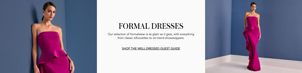 2 photos, 1st of a closeup of a female model in a strapless fuchsia satin maxi dress with a ruffle detail, 2nd of the same model showing the full dress.